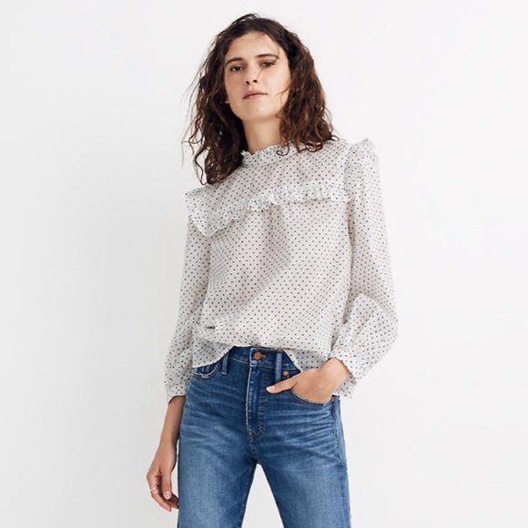 Madewell Tops - Madewell Mockneck Ruffle Top Flocked Dot NWT Sz L